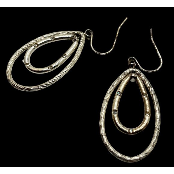 Double Teardrop Dangle Earrings Dangle Silver Tone Vintage Drop Rhinestones - Picture 2 of 6